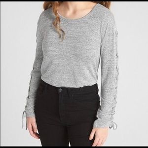 Gap knit gray sweater with tie up sleeves